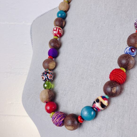 Colorful Chunky Painted Wood Bead Global Style Necklace Boho Bold Folk Graziano? - Picture 11 of 11